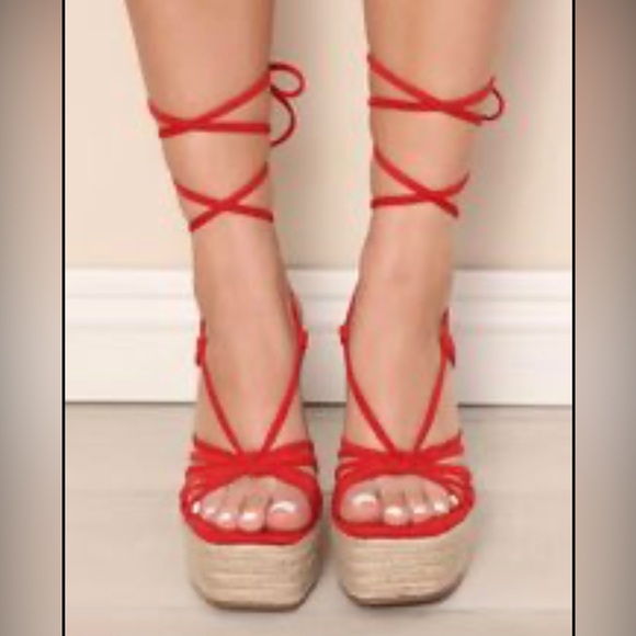 Fashionnova Red Strappy Platform Wedge - Picture 3 of 3
